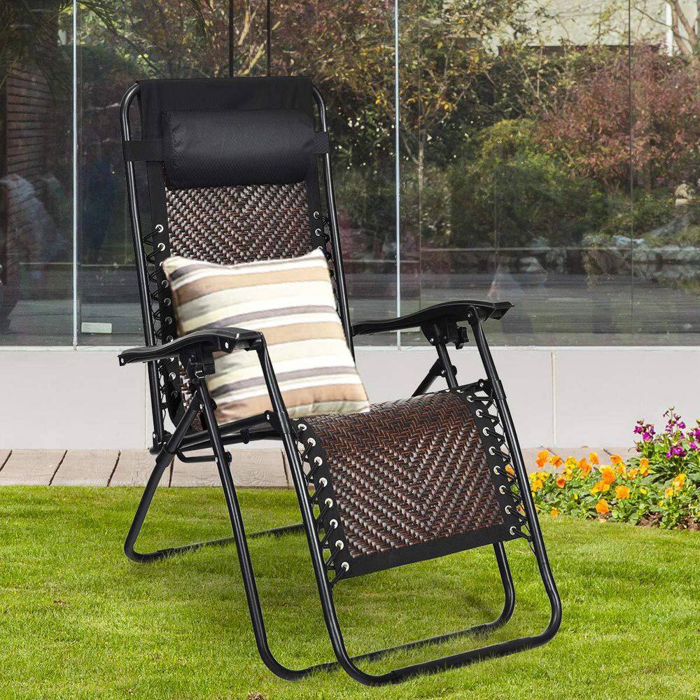 Folding Recliner Mix Light Brown Rattan Zero Gravity Wicker Patio Lounge Chair with Headrest