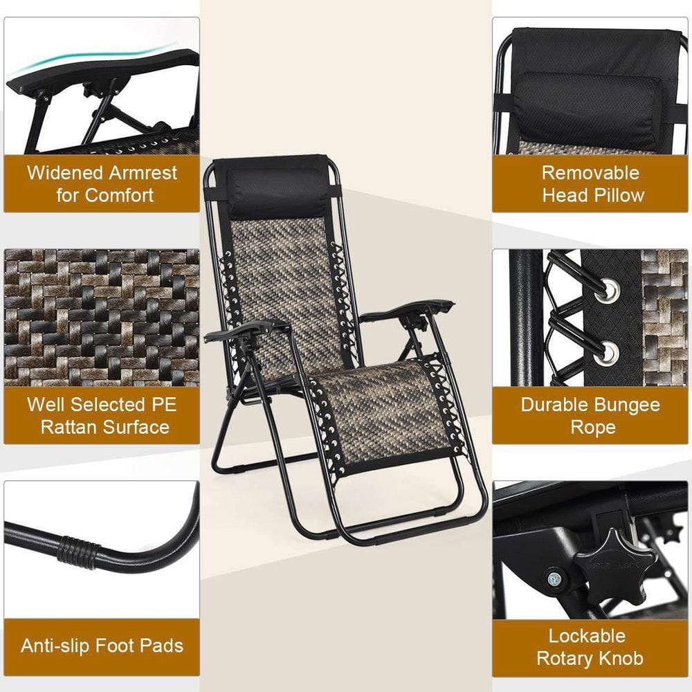 Folding Recliner Mix Gray Rattan Zero Gravity Wicker Patio Lounge Chair with Headrest