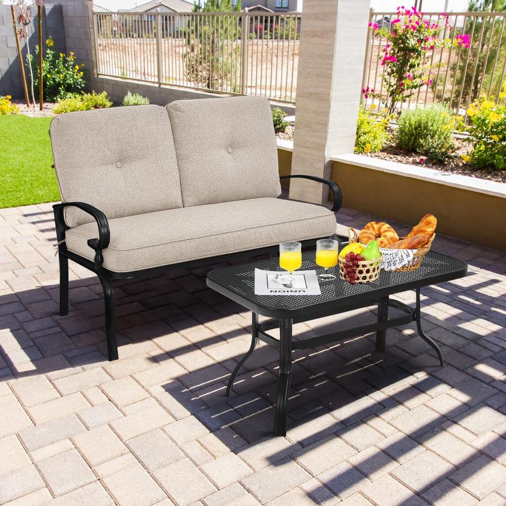 Black Metal Outdoor Patio Loveseat with Coffee Table and Beige Cushions