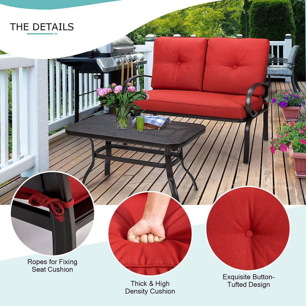 Black Metal Outdoor Patio Loveseat with Coffee Table and Red Cushions