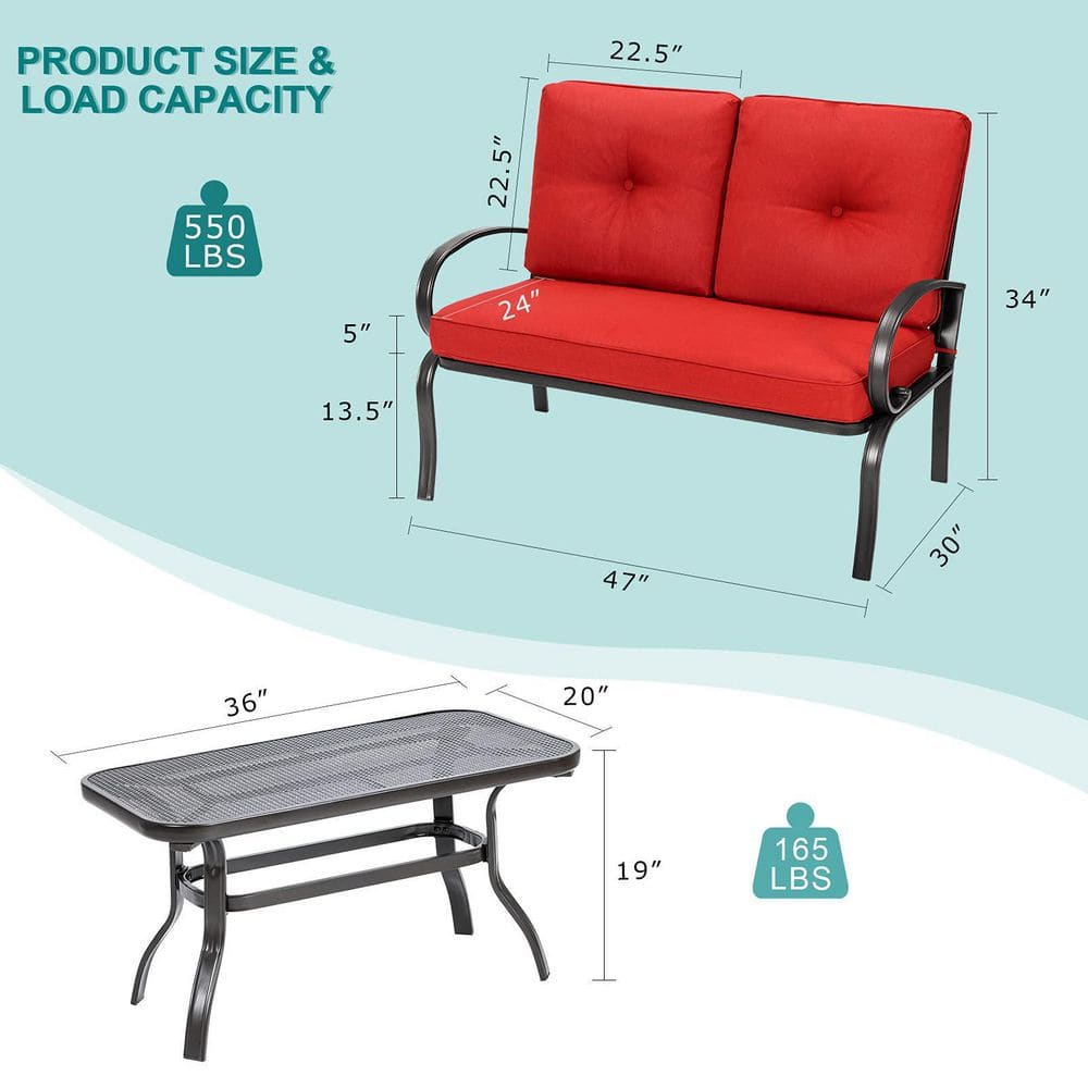 Black Metal Outdoor Patio Loveseat with Coffee Table and Red Cushions