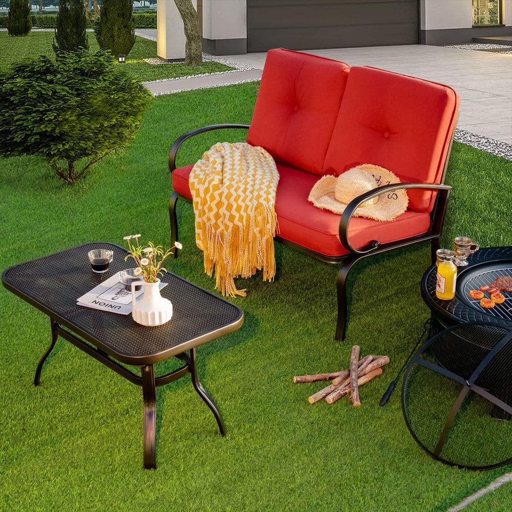 Black Metal Outdoor Patio Loveseat with Coffee Table and Red Cushions