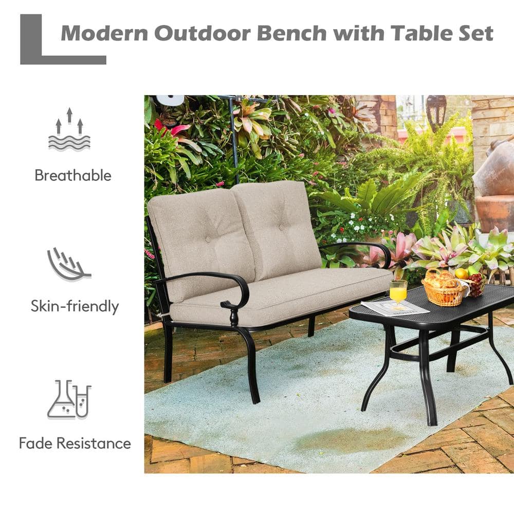 Black Metal Outdoor Patio Loveseat with Coffee Table and Beige Cushions