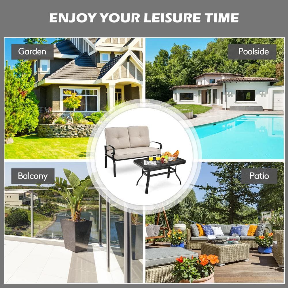 Black Metal Outdoor Patio Loveseat with Coffee Table and Beige Cushions