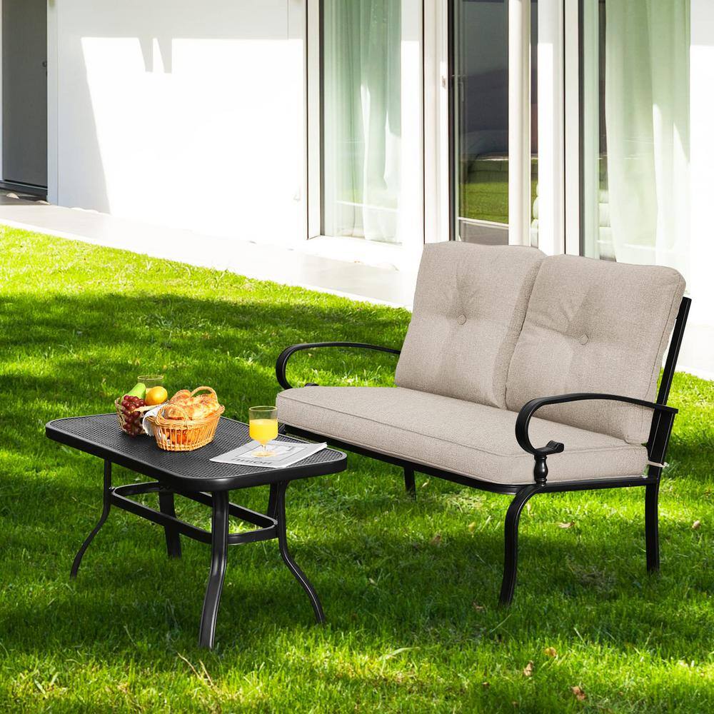 Black Metal Outdoor Patio Loveseat with Coffee Table and Beige Cushions