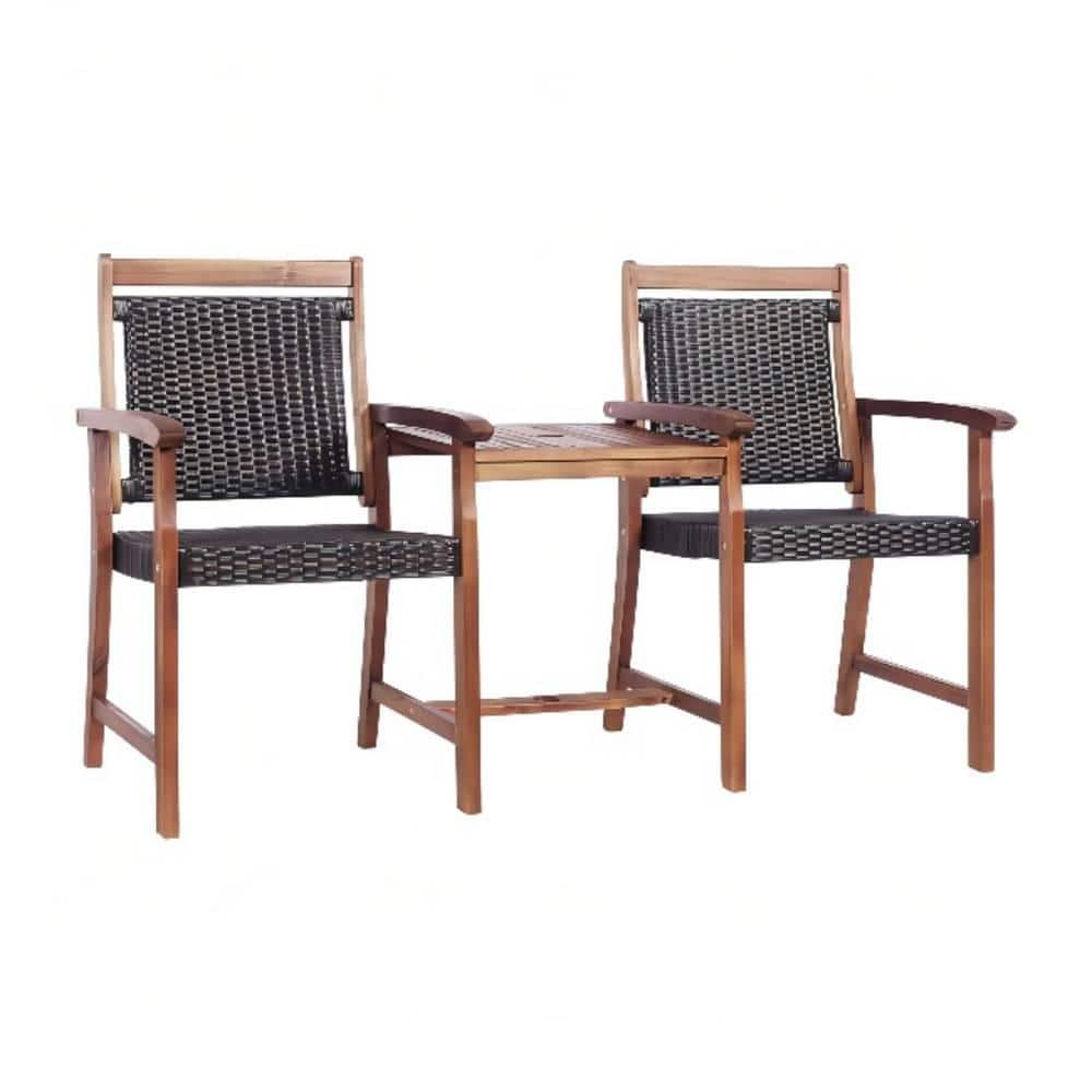 Reddish Brown Acacia Wood Outdoor Loveseat with Umbrella Hole