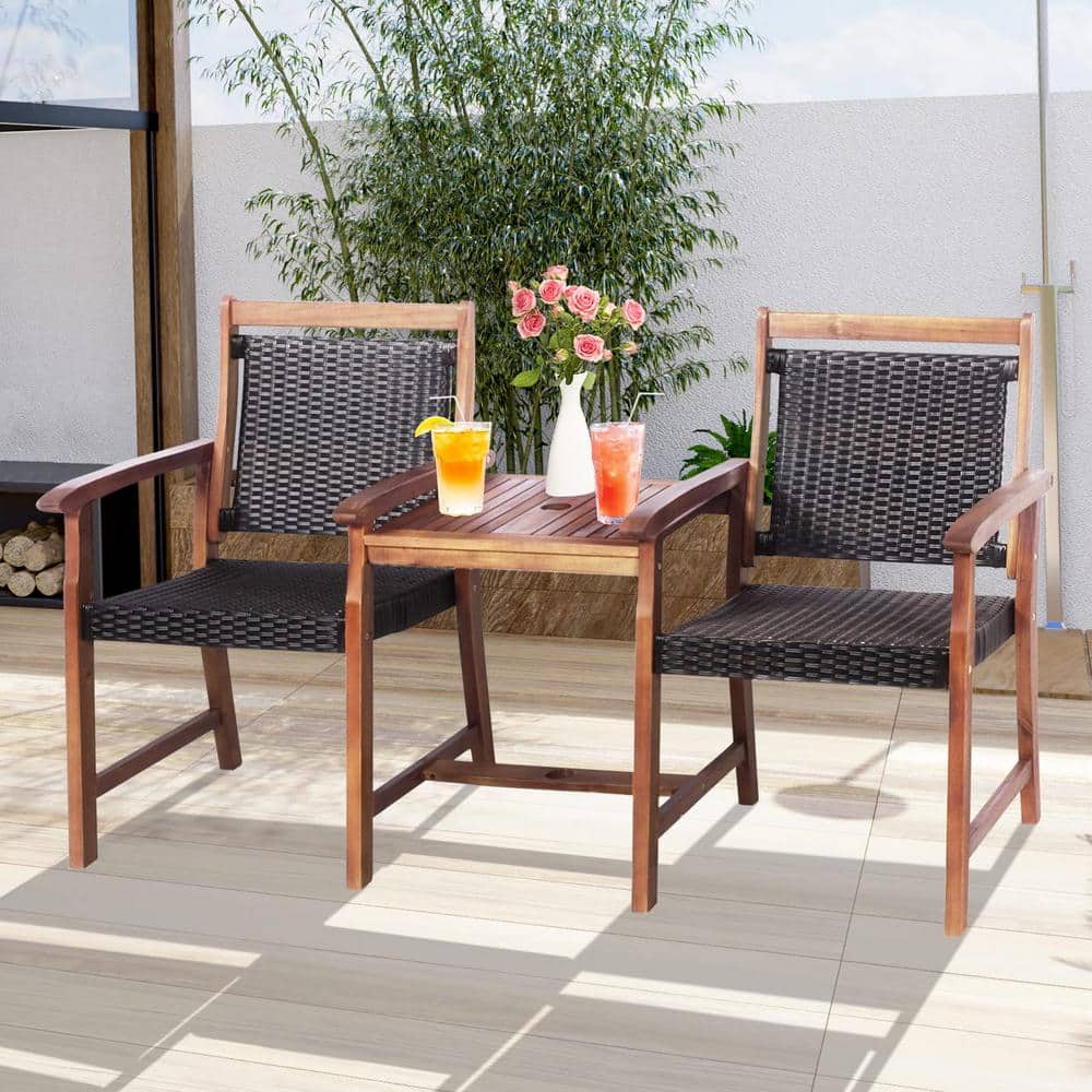 Reddish Brown Acacia Wood Outdoor Loveseat with Umbrella Hole