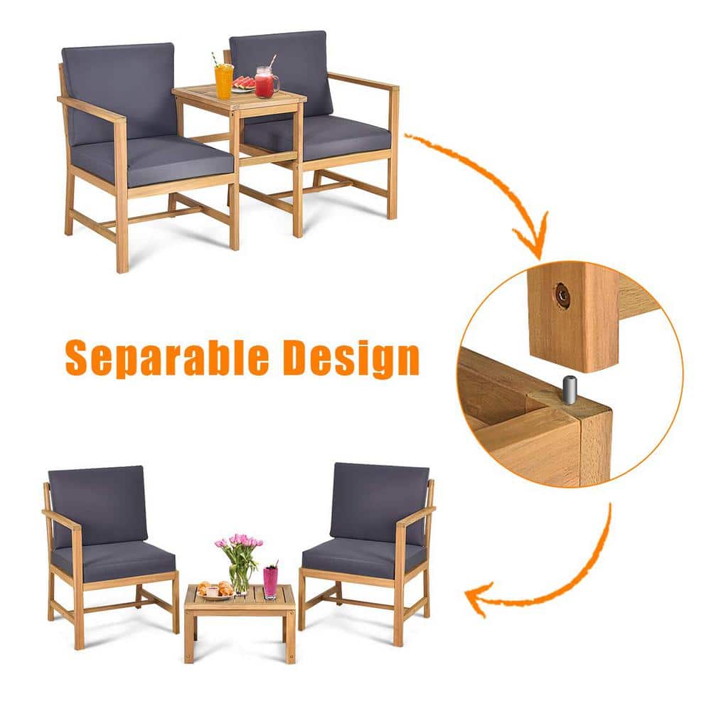 Brown Acacia Wood Outdoor Loveseat with Separable Coffee Table