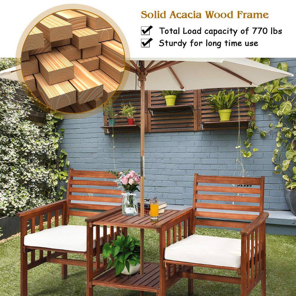 Brown Acacia Wood Outdoor Loveseat with Table and White Cushions