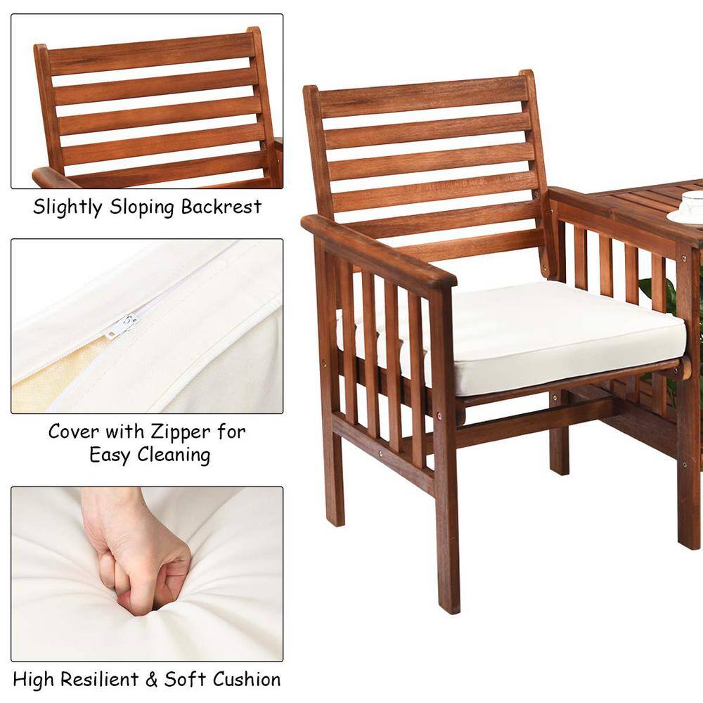 Brown Acacia Wood Outdoor Loveseat with Table and White Cushions