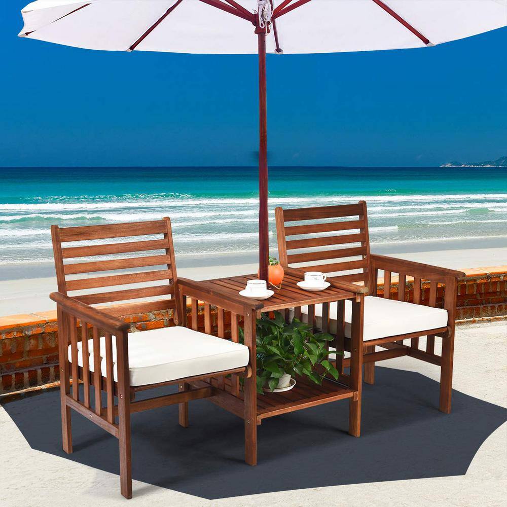 Brown Acacia Wood Outdoor Loveseat with Table and White Cushions