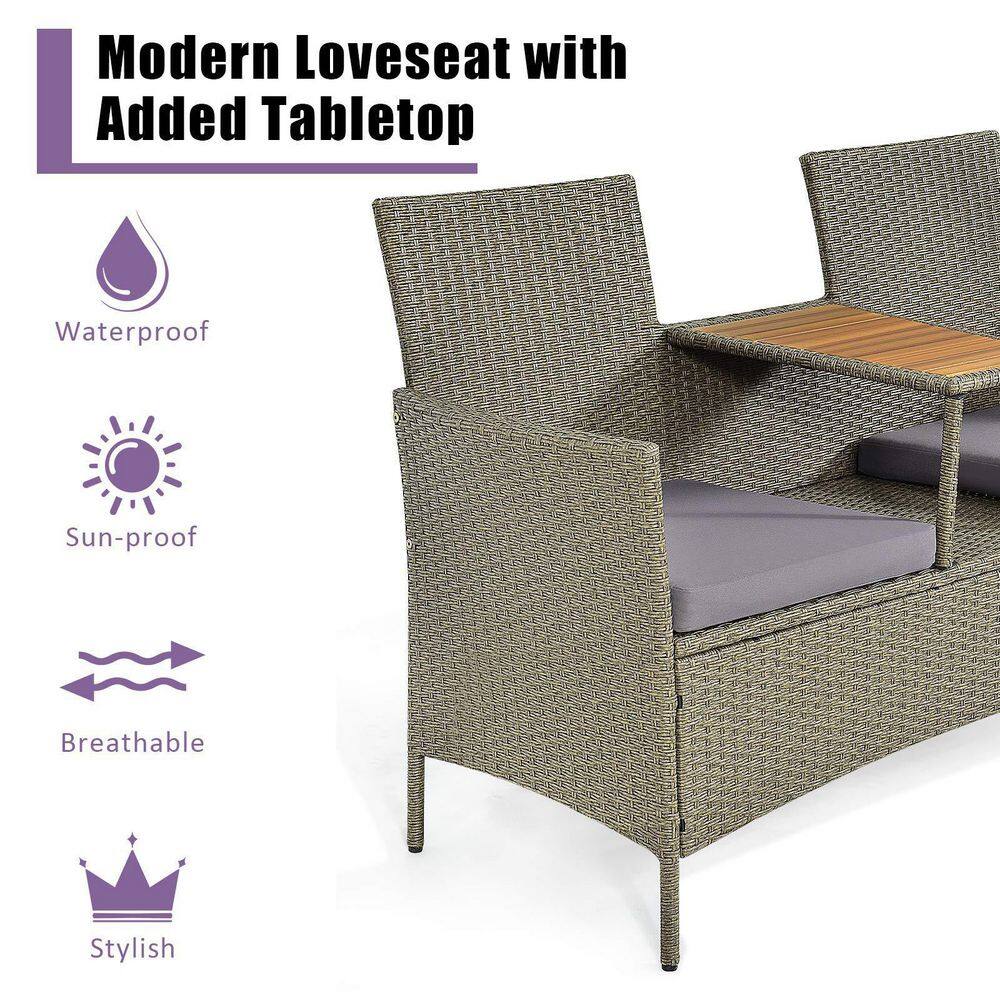 Wicker Outdoor Patio Loveseat with Gray Cushions