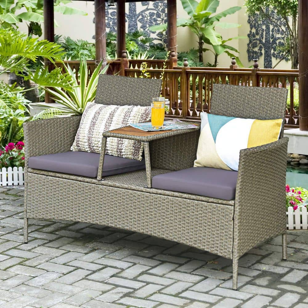 Wicker Outdoor Patio Loveseat with Gray Cushions