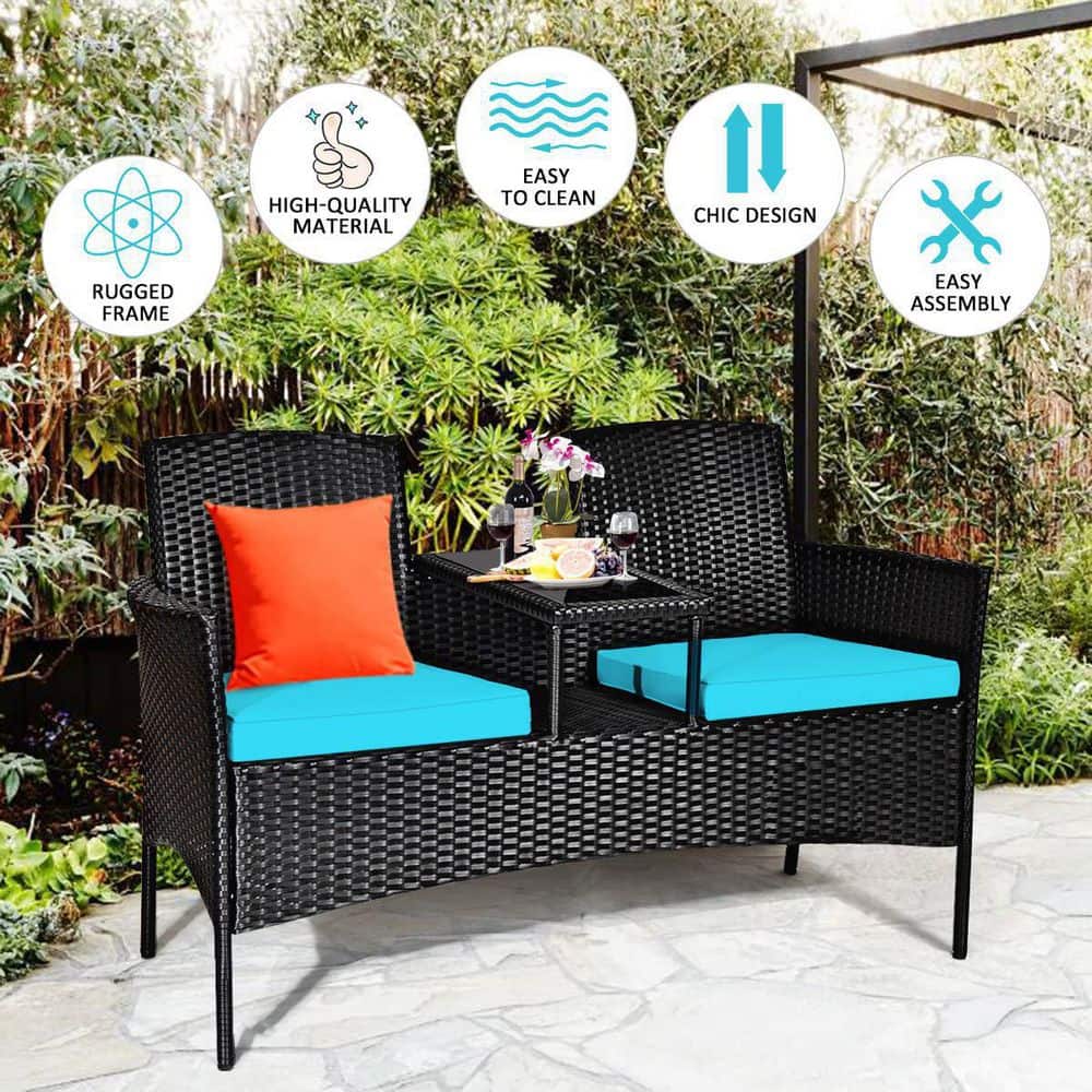 Black Wicker Outdoor Loveseat with Turquoise Cushions and Center Tea Table