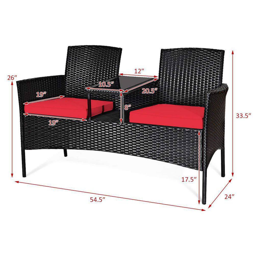 Black Wicker Outdoor Loveseat with Red Cushions and Center Tea Table
