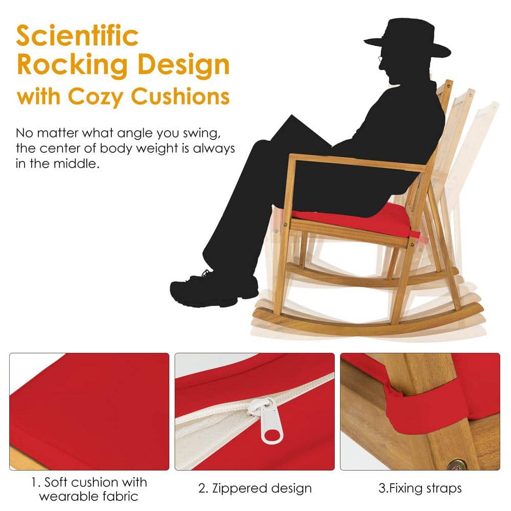 Brown Wood Outdoor Rocking Chair with Red Cushions
