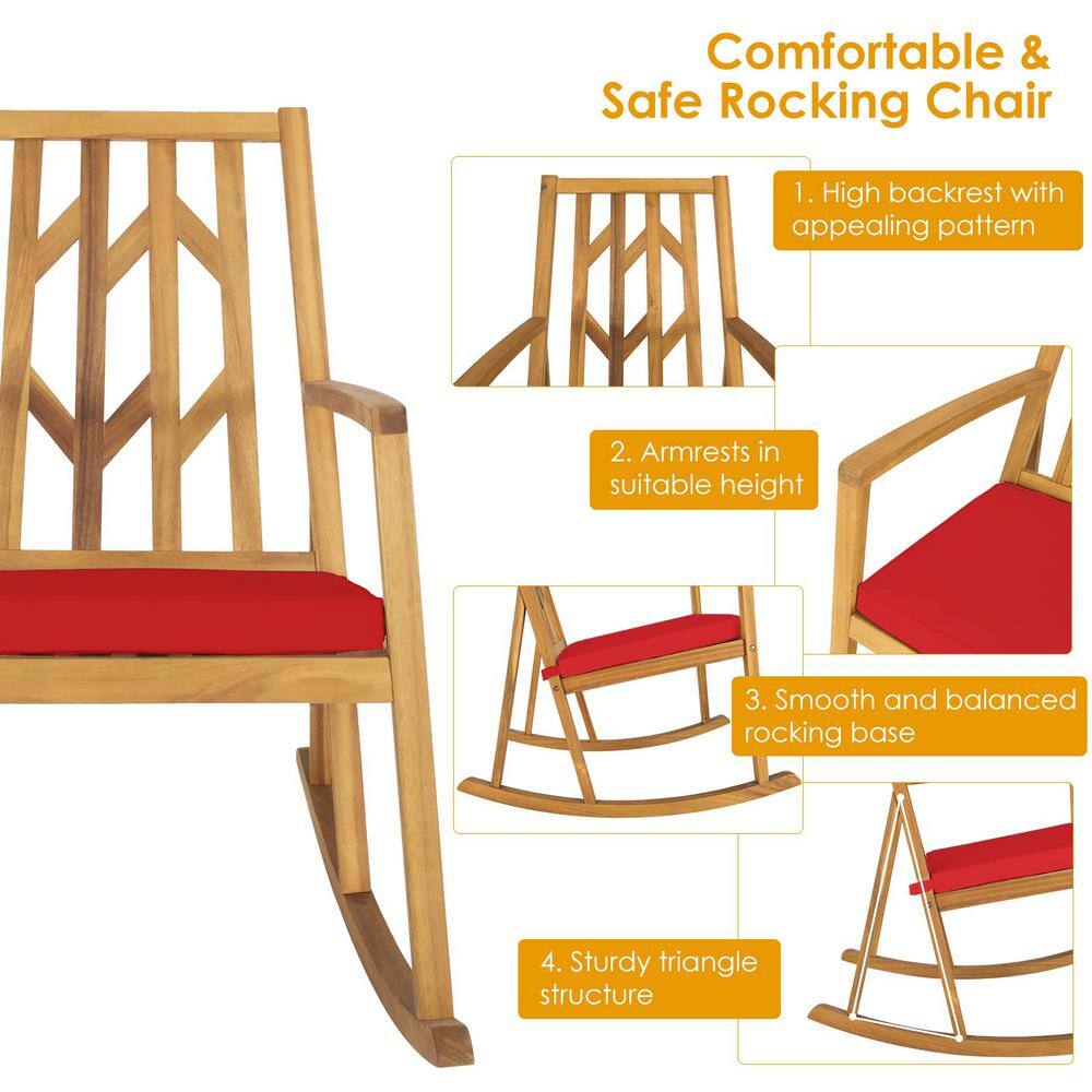 Brown Wood Outdoor Rocking Chair with Red Cushions