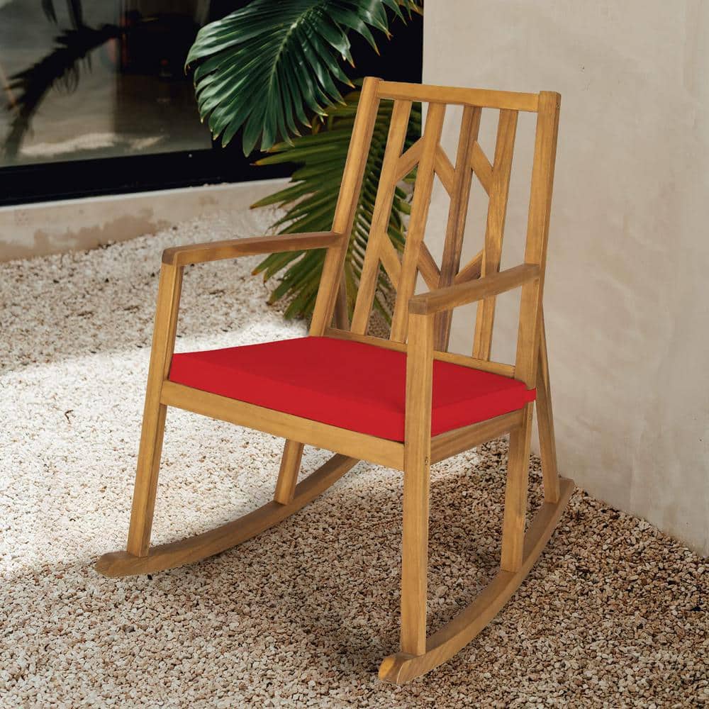 Brown Wood Outdoor Rocking Chair with Red Cushions