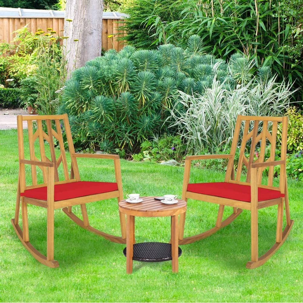 Brown Wood Outdoor Rocking Chair with Red Cushions