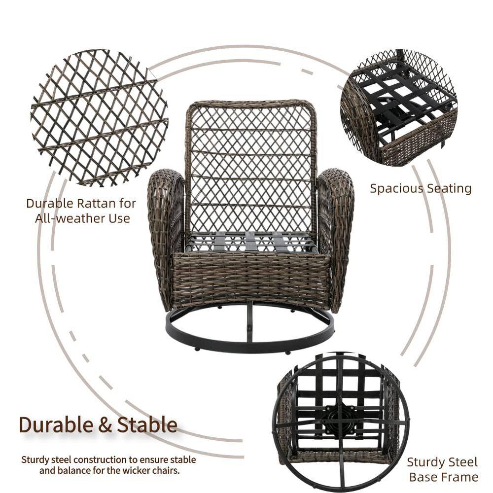 3-Piece Brown Wicker Patio Conversation Set Outdoor Rocking Chair with Blue Cushions