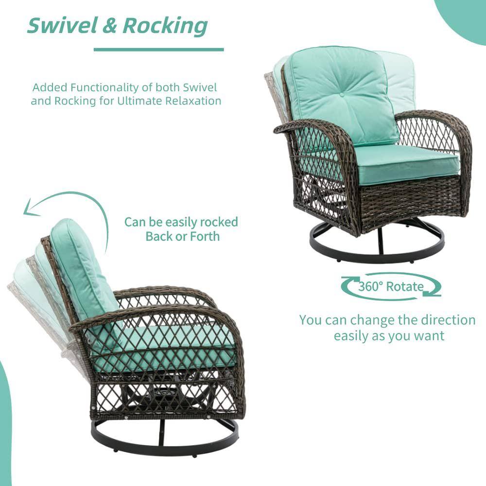 3-Piece Brown Wicker Patio Conversation Set Outdoor Rocking Chair with Blue Cushions