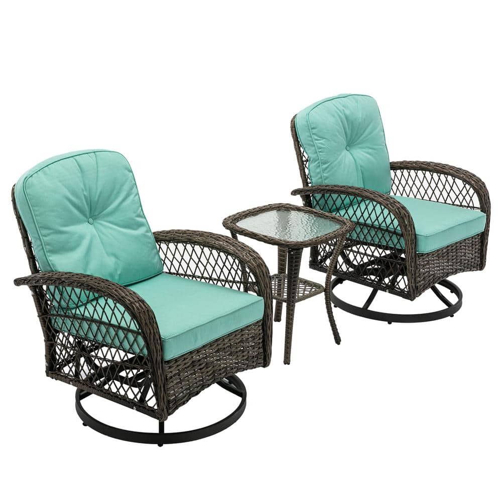3-Piece Brown Wicker Patio Conversation Set Outdoor Rocking Chair with Blue Cushions