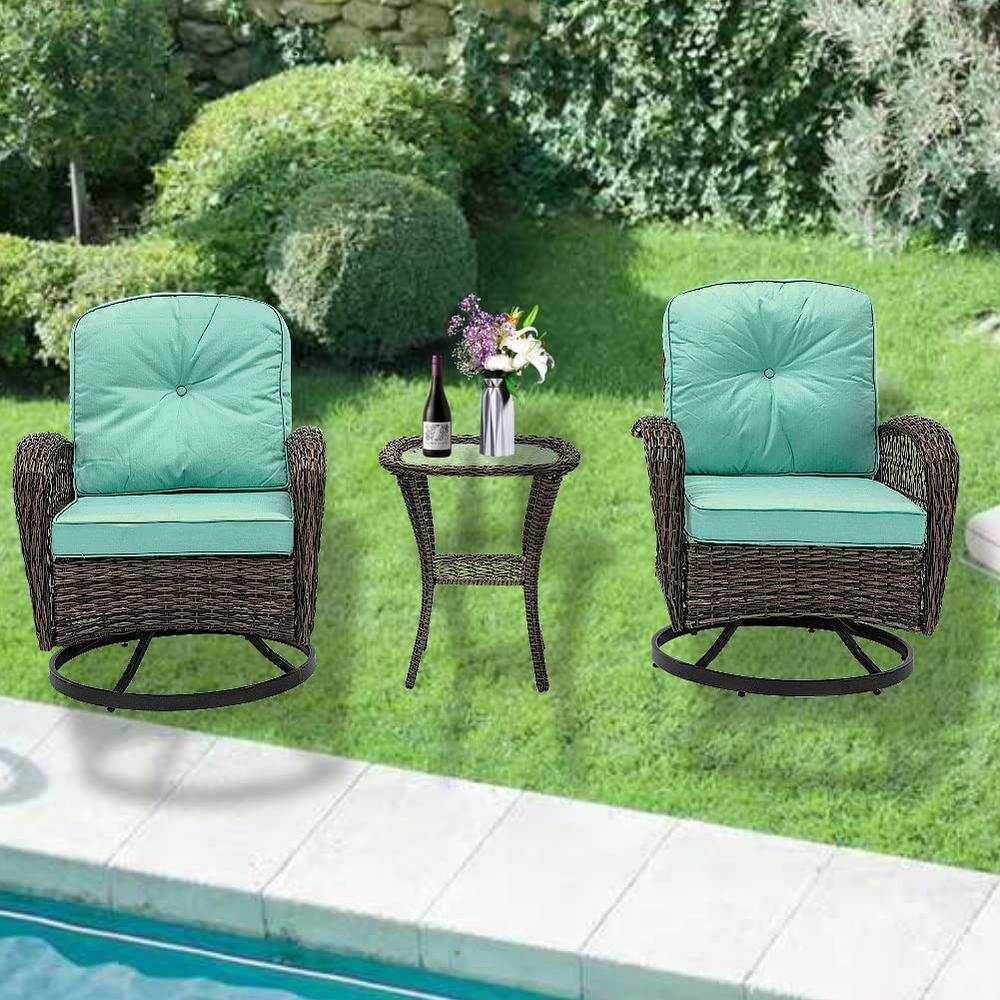 3-Piece Brown Wicker Patio Conversation Set Outdoor Rocking Chair with Blue Cushions