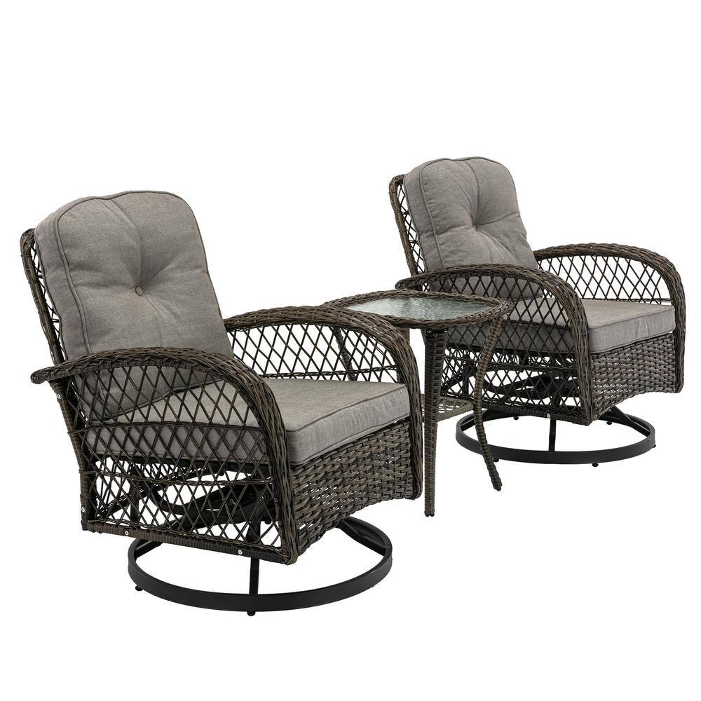 3-Piece Brown Wicker Patio Conversation Set Outdoor Rocking Chair with Grey Cushions