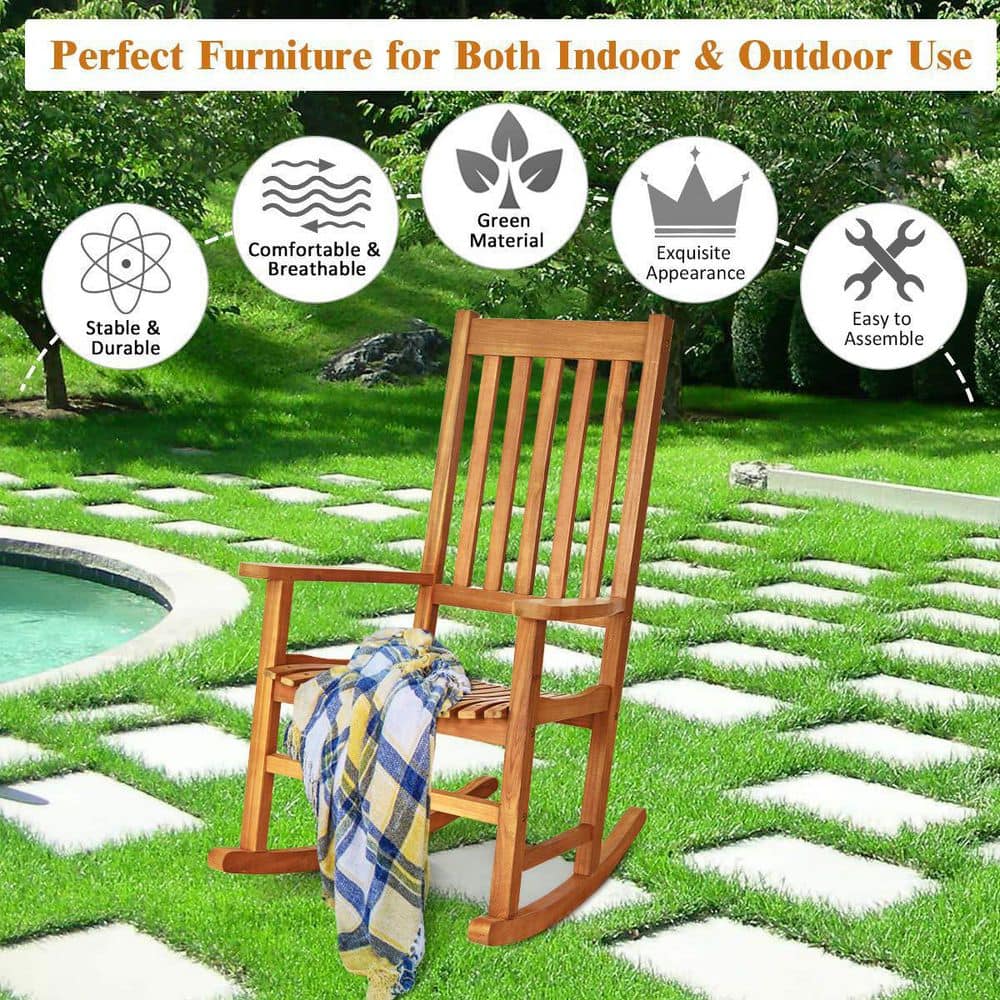 Natural Wooden High Back Outdoor Rocking Chair