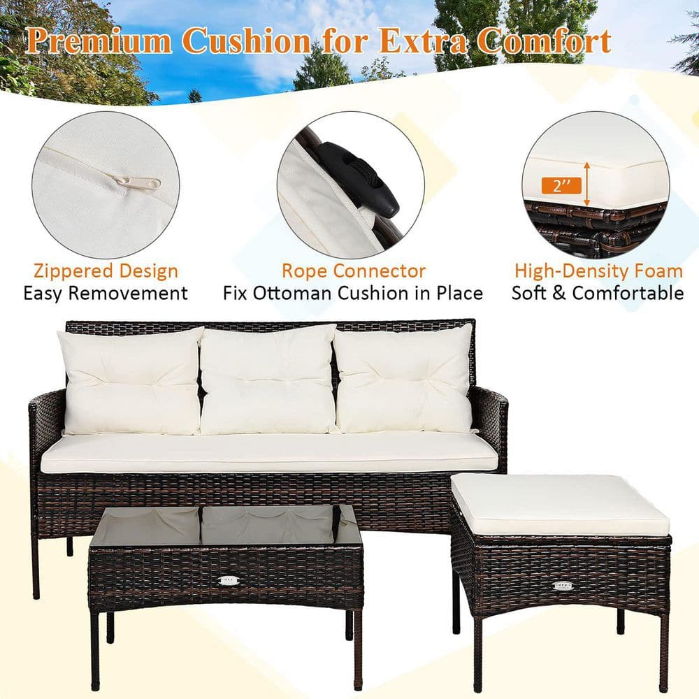 Brown 3-Piece Wicker Outdoor Patio Sectional Sofa Seating Set with White Cushions