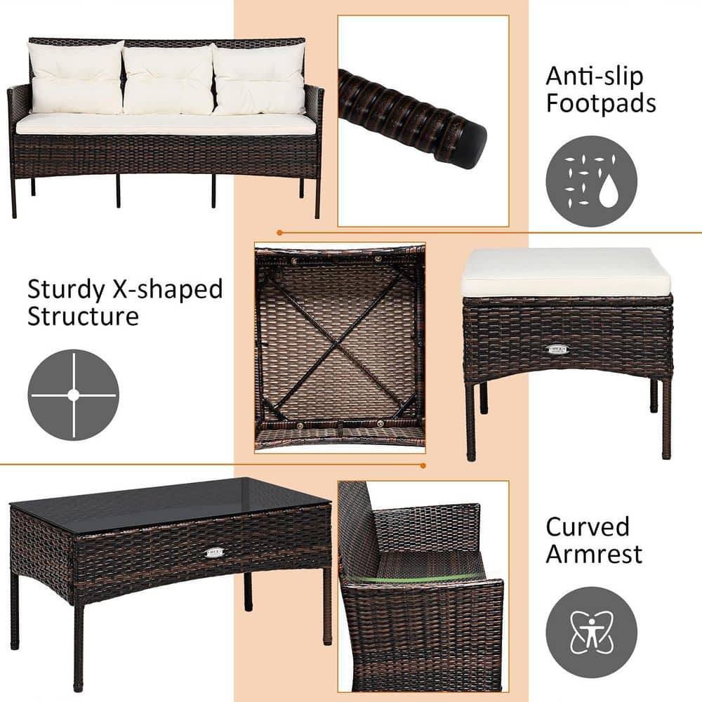 Brown 3-Piece Wicker Outdoor Patio Sectional Sofa Seating Set with White Cushions