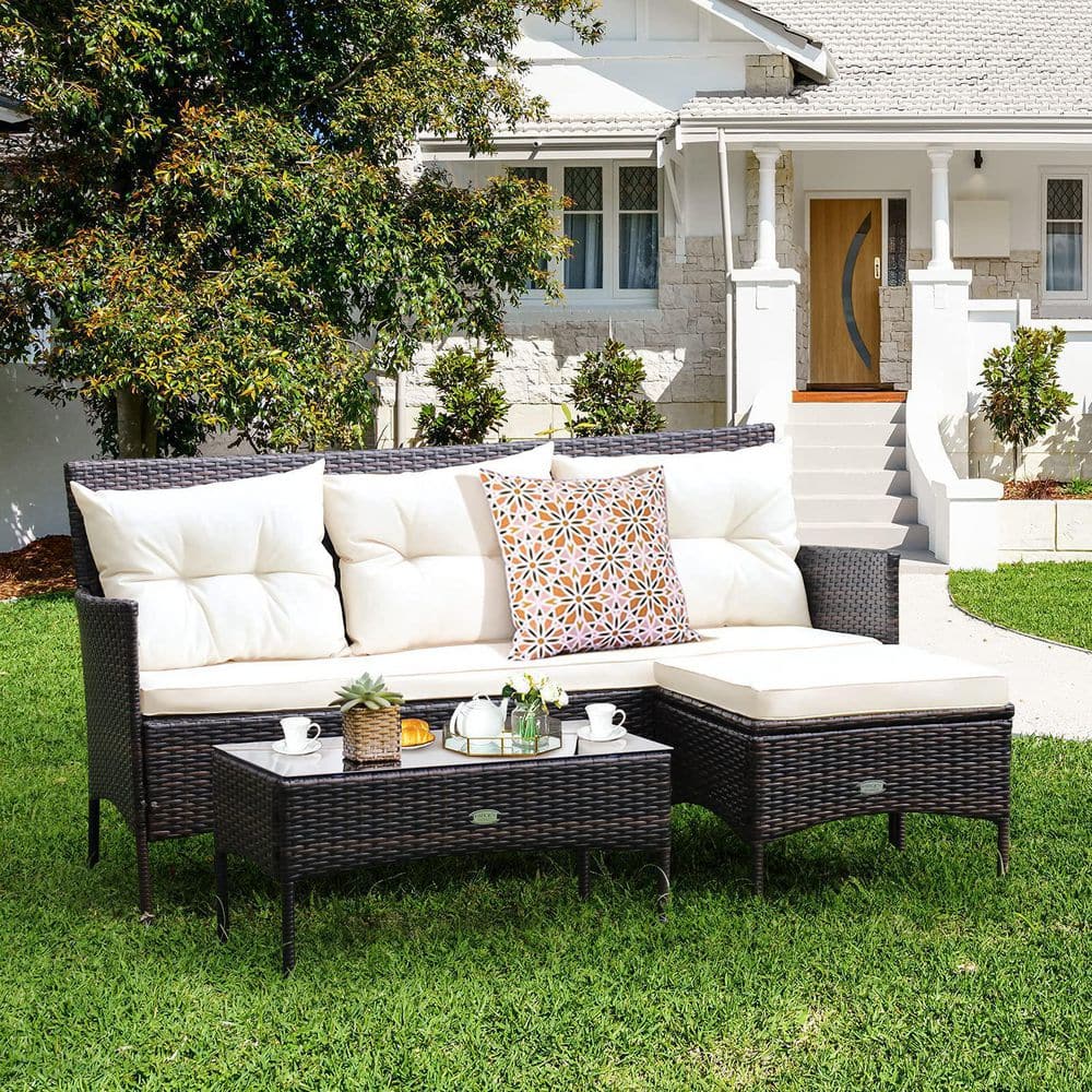 Brown 3-Piece Wicker Outdoor Patio Sectional Sofa Seating Set with White Cushions