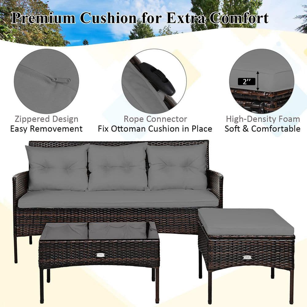 Brown 3-Piece Wicker Outdoor Patio Sectional Sofa Seating Set with Gray Cushions