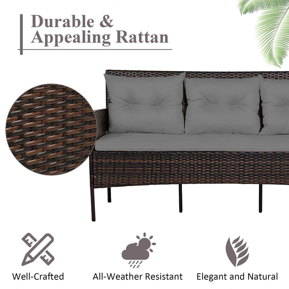 Brown 3-Piece Wicker Outdoor Patio Sectional Sofa Seating Set with Gray Cushions
