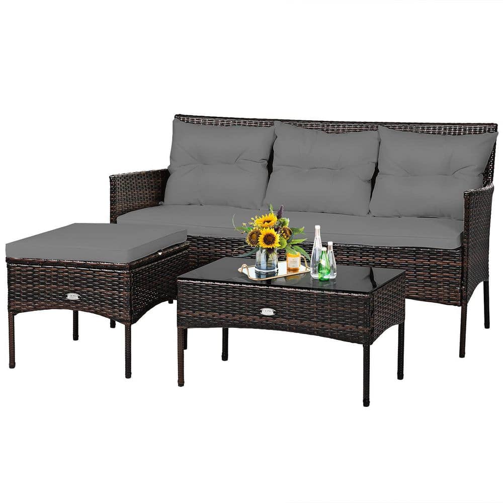 Brown 3-Piece Wicker Outdoor Patio Sectional Sofa Seating Set with Gray Cushions