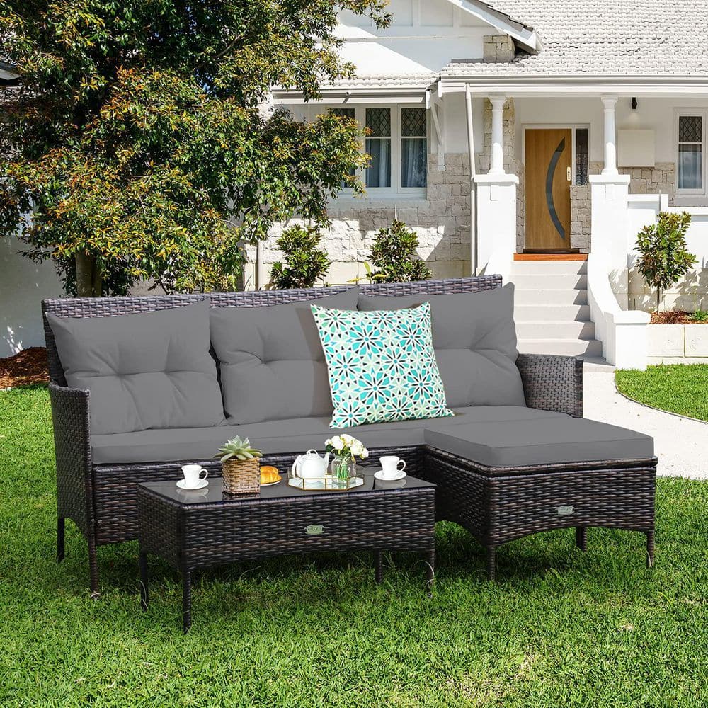 Brown 3-Piece Wicker Outdoor Patio Sectional Sofa Seating Set with Gray Cushions
