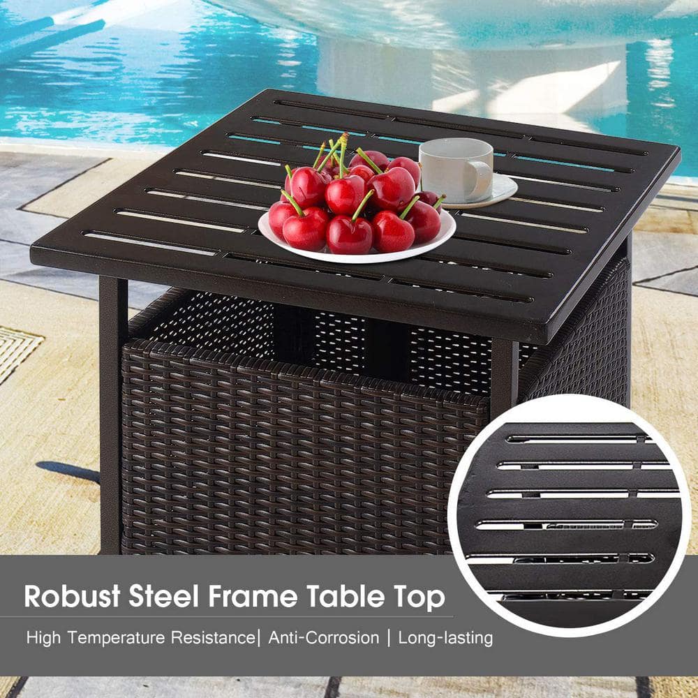 Brown Wicker Outdoor Side Table with Umbrella Hole