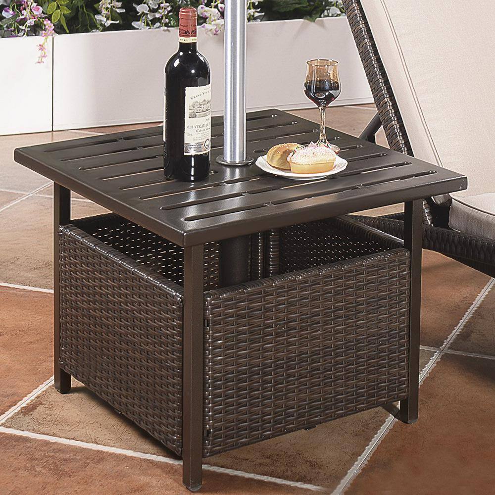 Brown Wicker Outdoor Side Table with Umbrella Hole