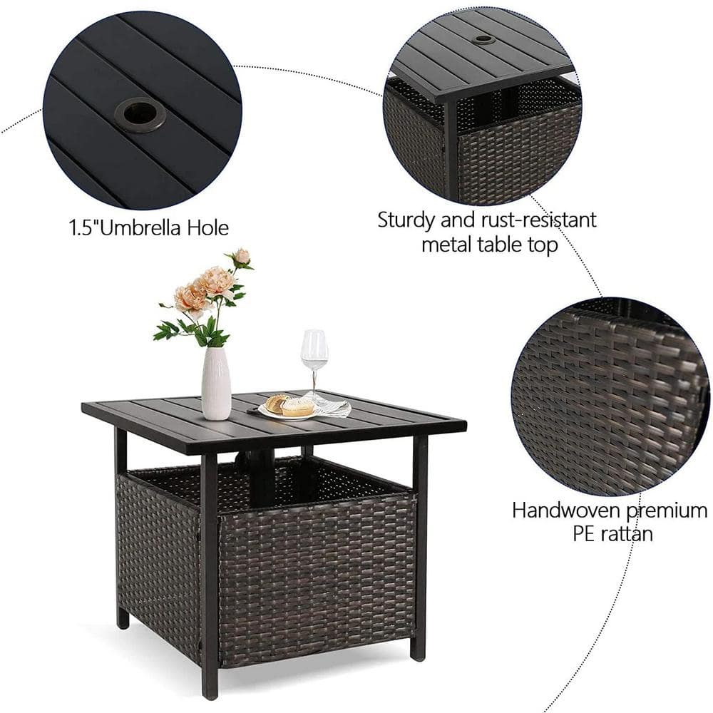 Black Wicker Outdoor Side Table with Umbrella Hole