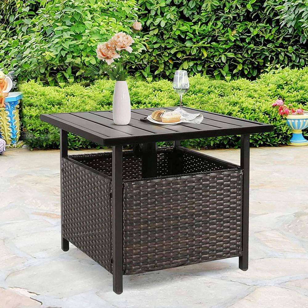 Black Wicker Outdoor Side Table with Umbrella Hole