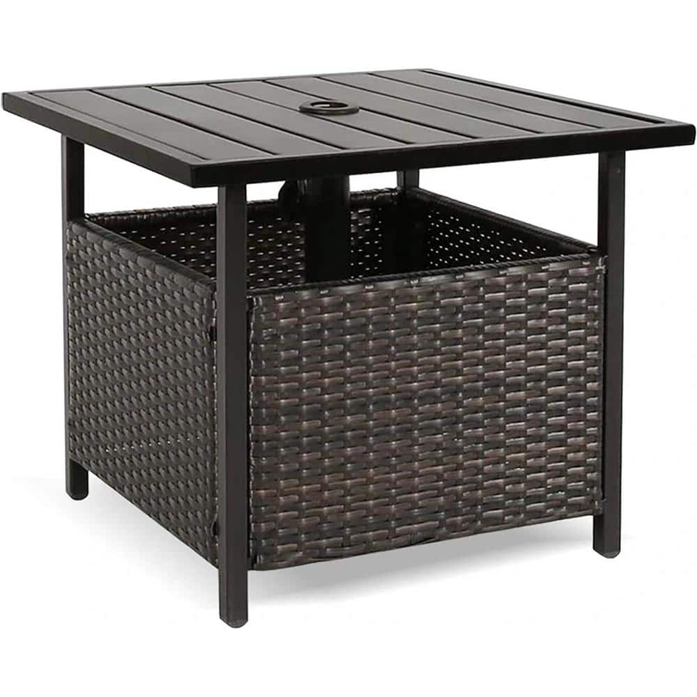 Black Wicker Outdoor Side Table with Umbrella Hole