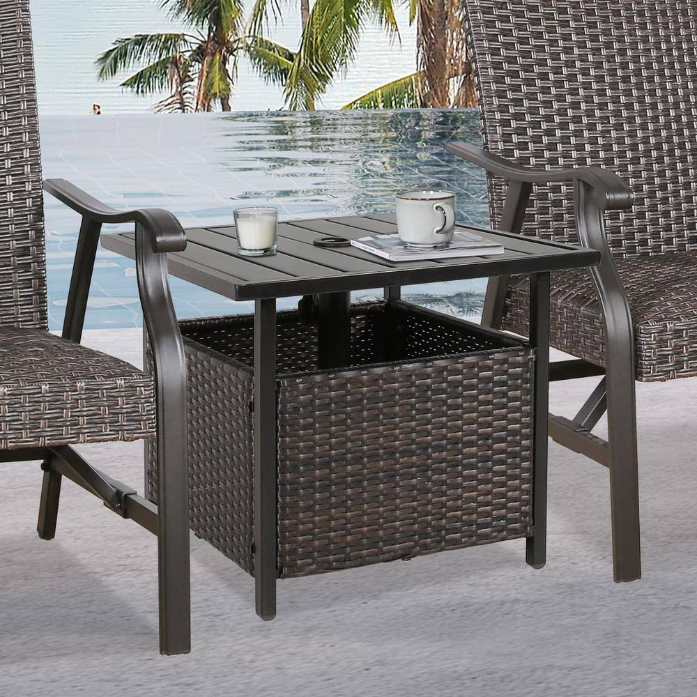 Black Wicker Outdoor Side Table with Umbrella Hole