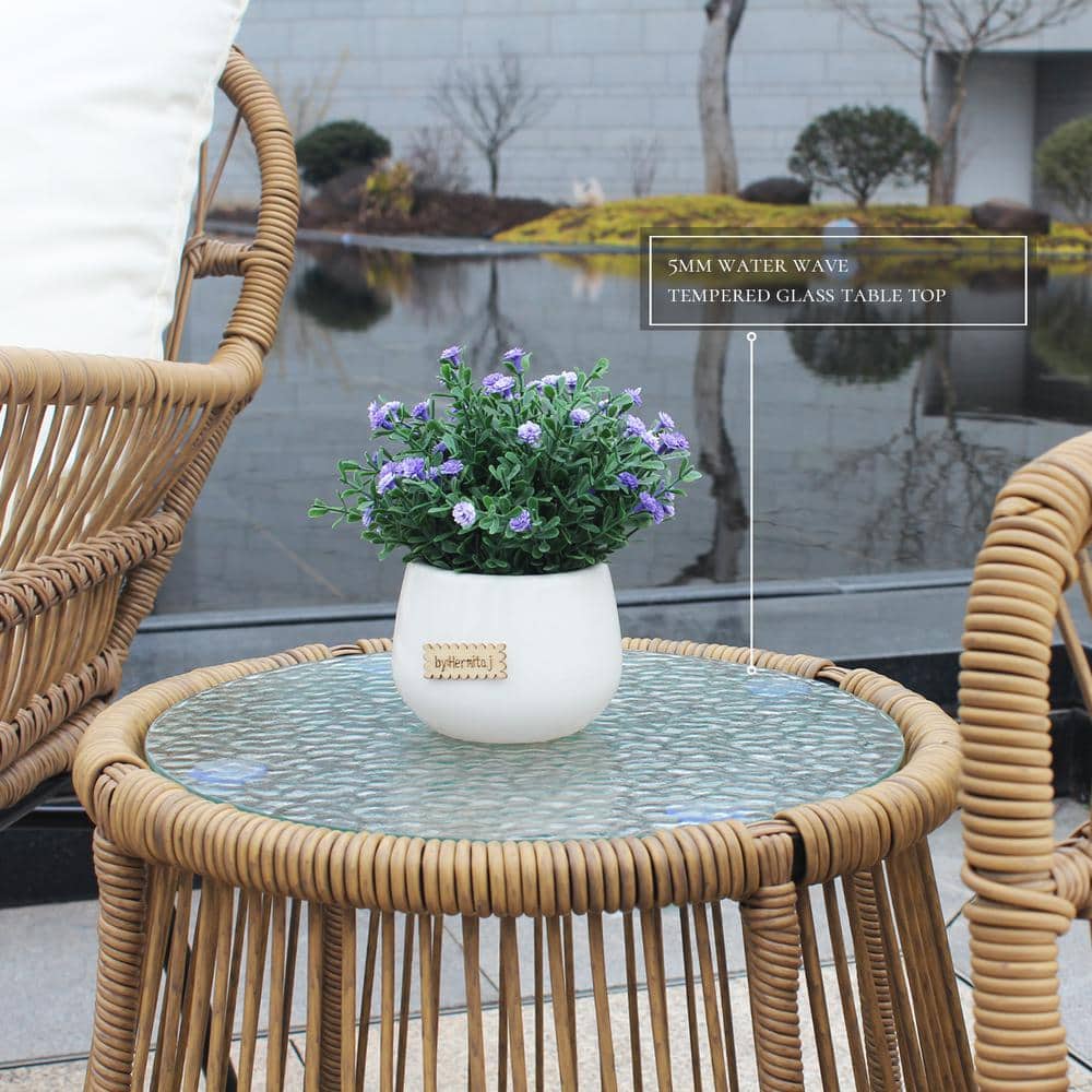 3-Piece Wicker Outdoor Patio Conversation Seating Set with Beige Cushions