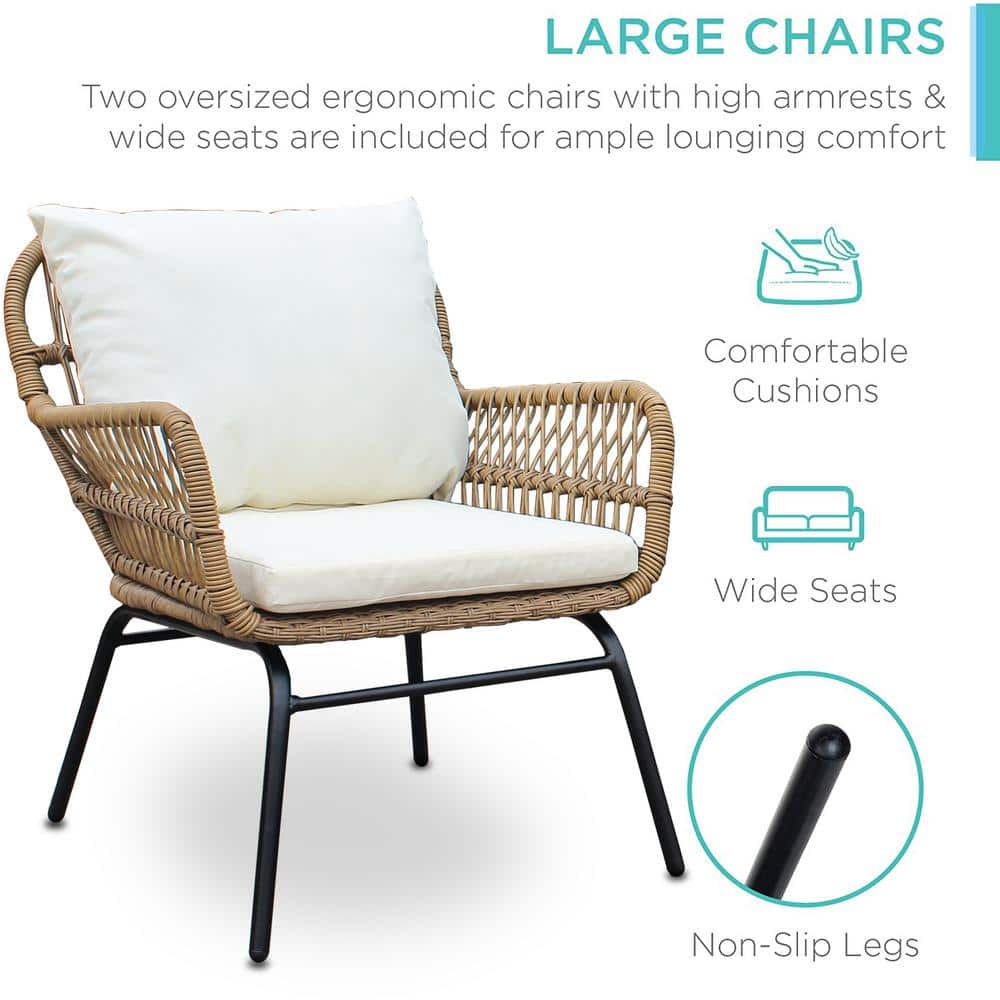3-Piece Wicker Outdoor Patio Conversation Seating Set with Beige Cushions