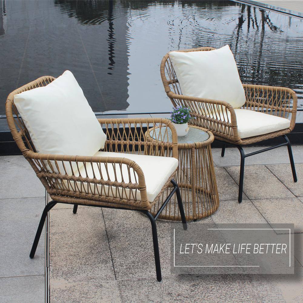 3-Piece Wicker Outdoor Patio Conversation Seating Set with Beige Cushions