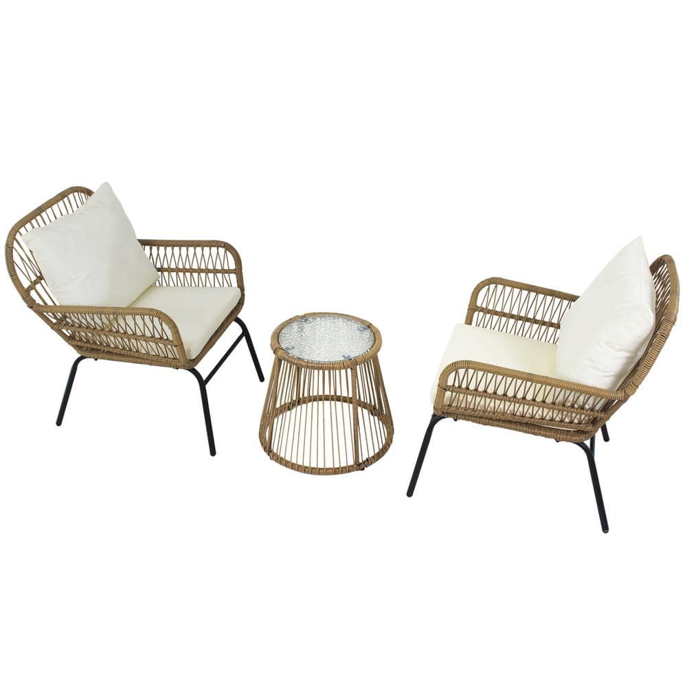 3-Piece Wicker Outdoor Patio Conversation Seating Set with Beige Cushions