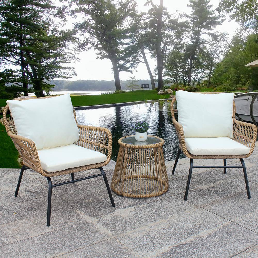 3-Piece Wicker Outdoor Patio Conversation Seating Set with Beige Cushions