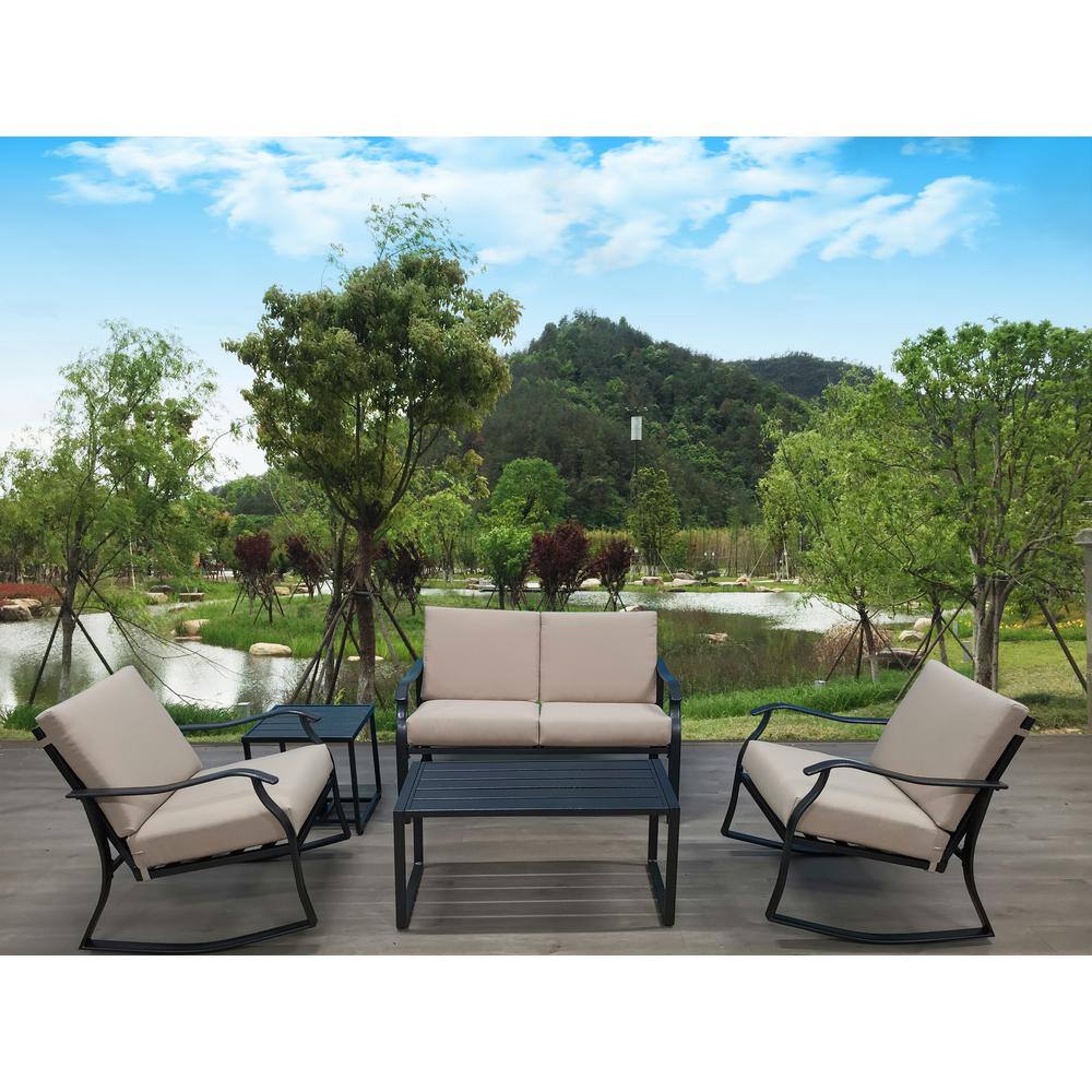 Black 5-Piece Steel Furniture Set Outdoor Patio Conversation Set with Gray Cushions