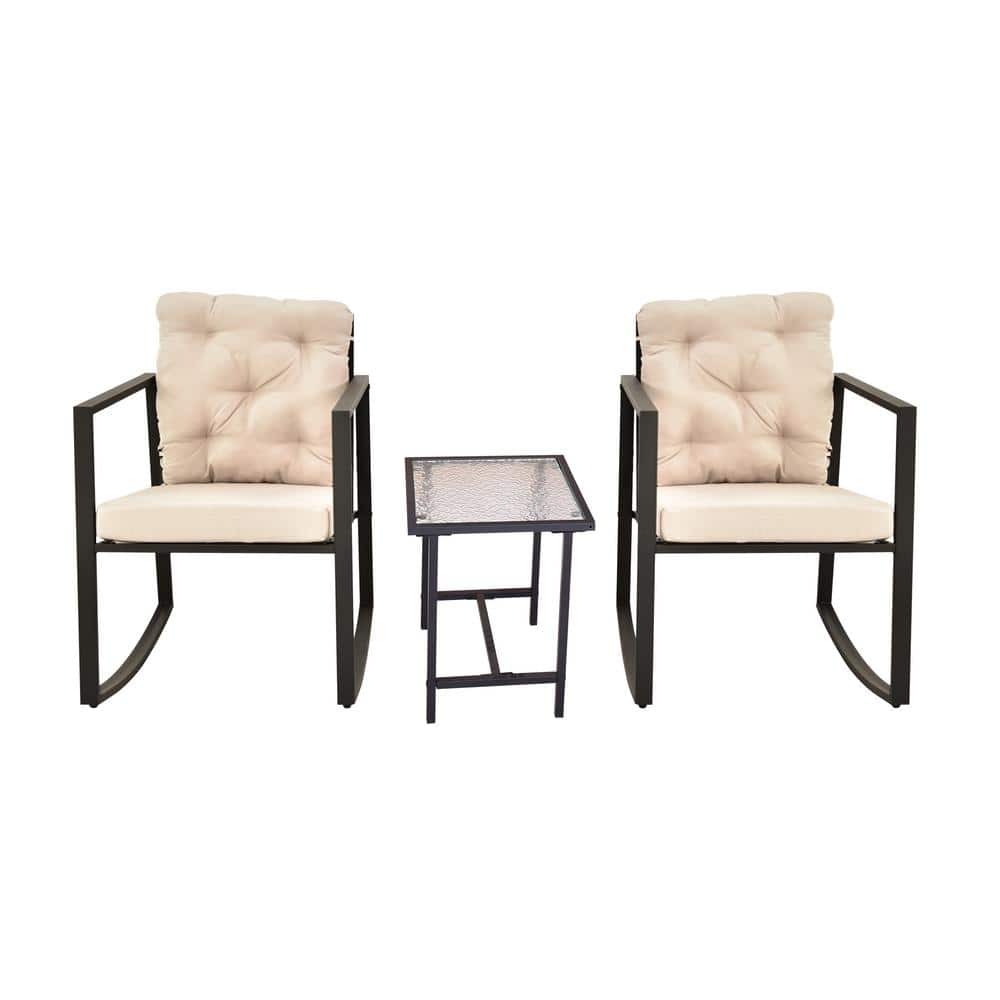 3-Piece Metal Patio Conversation Sets with Rocking Chair and Beige Cushion