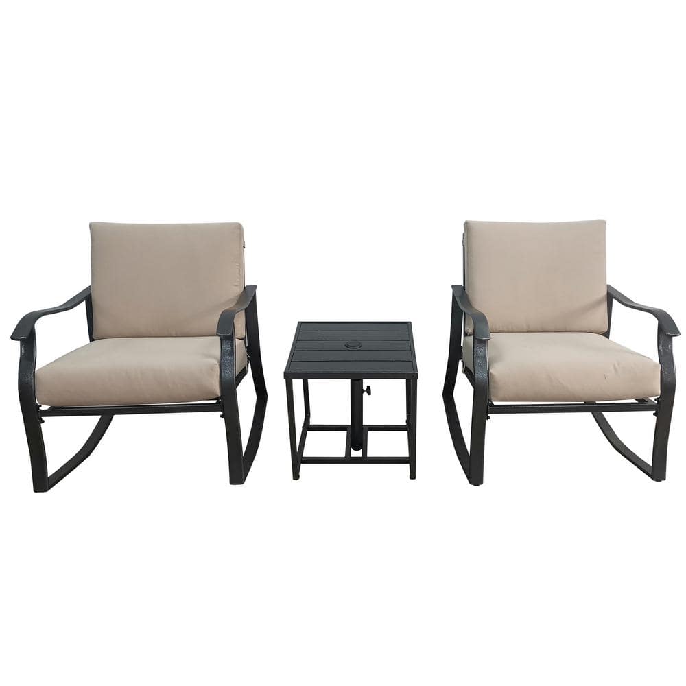 Black 3-Piece Metal Patio Conversation Set with Beige Cushion